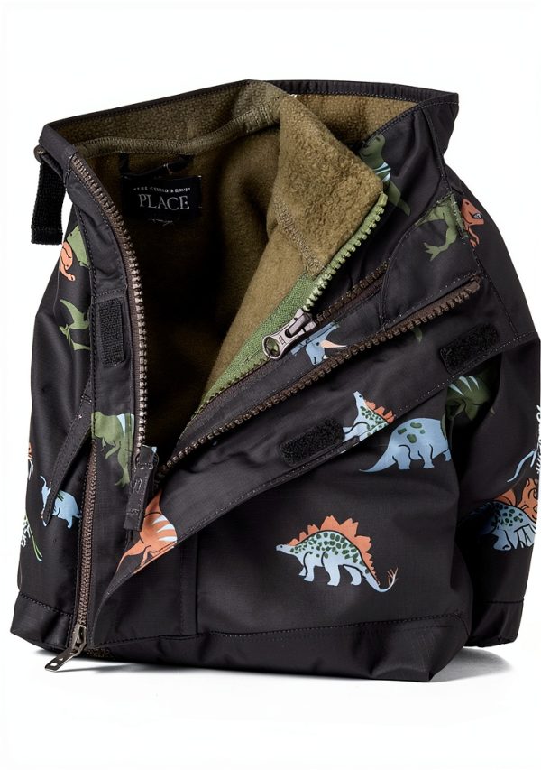 The Children's Place Boys Waterproof Jacket Dino Black 3T-3